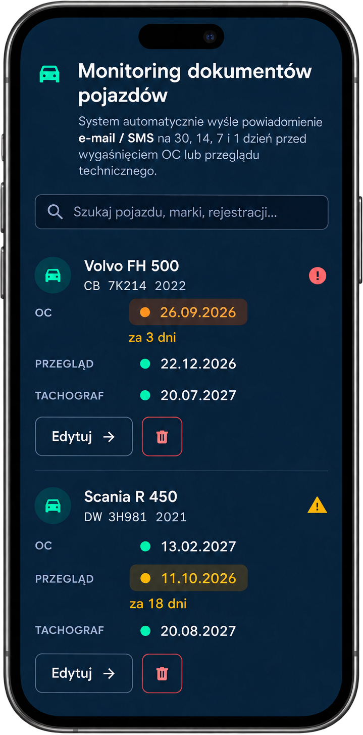 Lista pojazdów w panelu RaportKierowcy.pl na telefonie: OC za 3 dni i przegląd za 18 dni (dane przykładowe)
