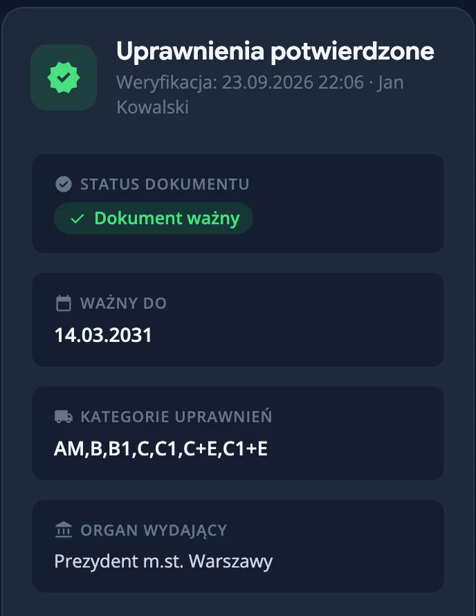Wynik jednorazowego sprawdzenia kierowcy w CEPiK: dokument ważny, kategorie i organ wydający (dane przykładowe)